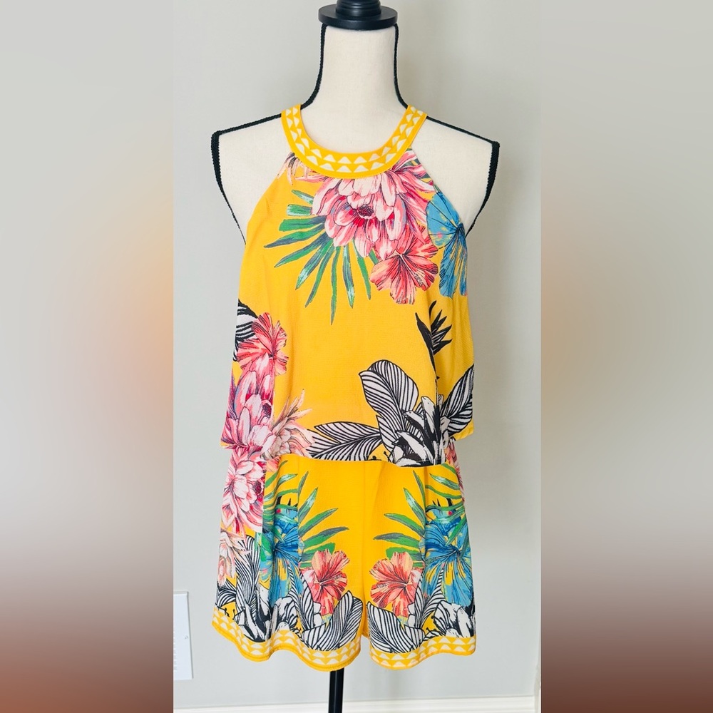 Yellow-Trim Tropical Floral Romper